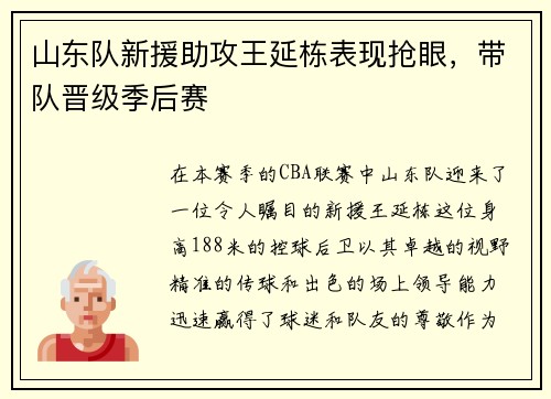山东队新援助攻王延栋表现抢眼，带队晋级季后赛