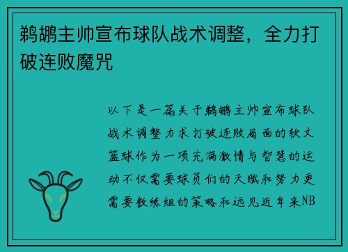 鹈鹕主帅宣布球队战术调整，全力打破连败魔咒